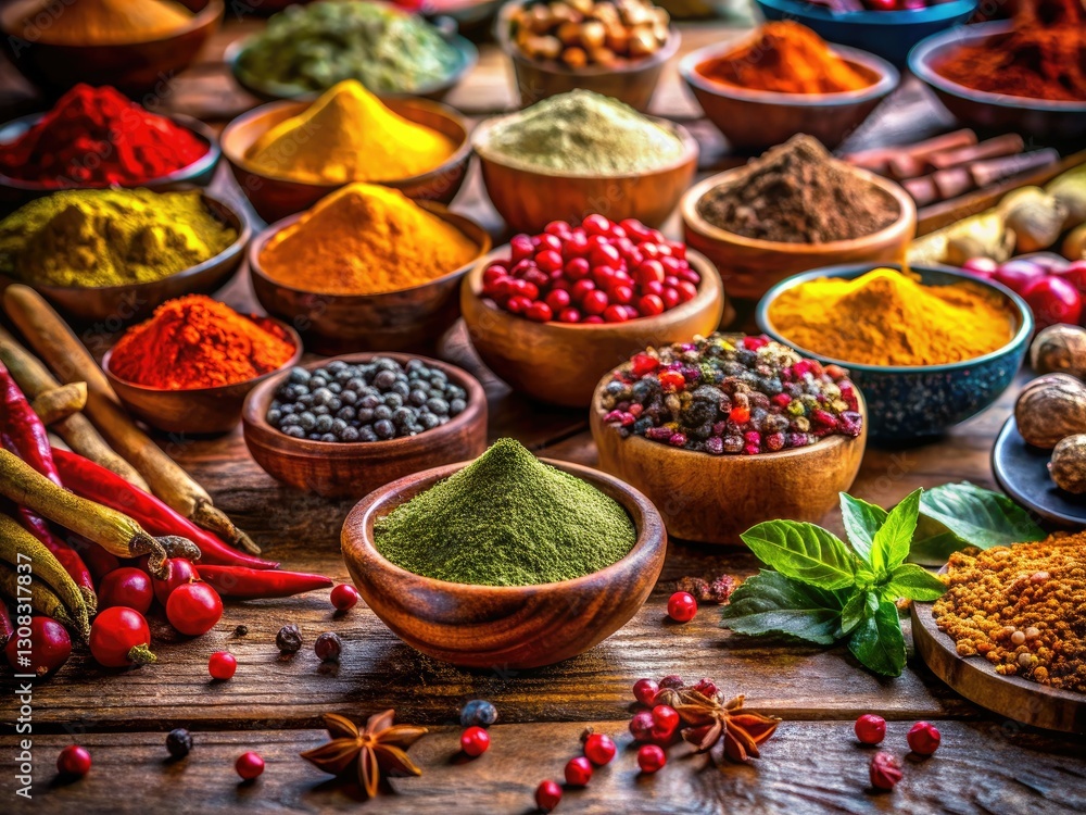 Fototapeta premium Vibrant Spice Landscape: Colorful Spices Photography on Rustic Wooden Table