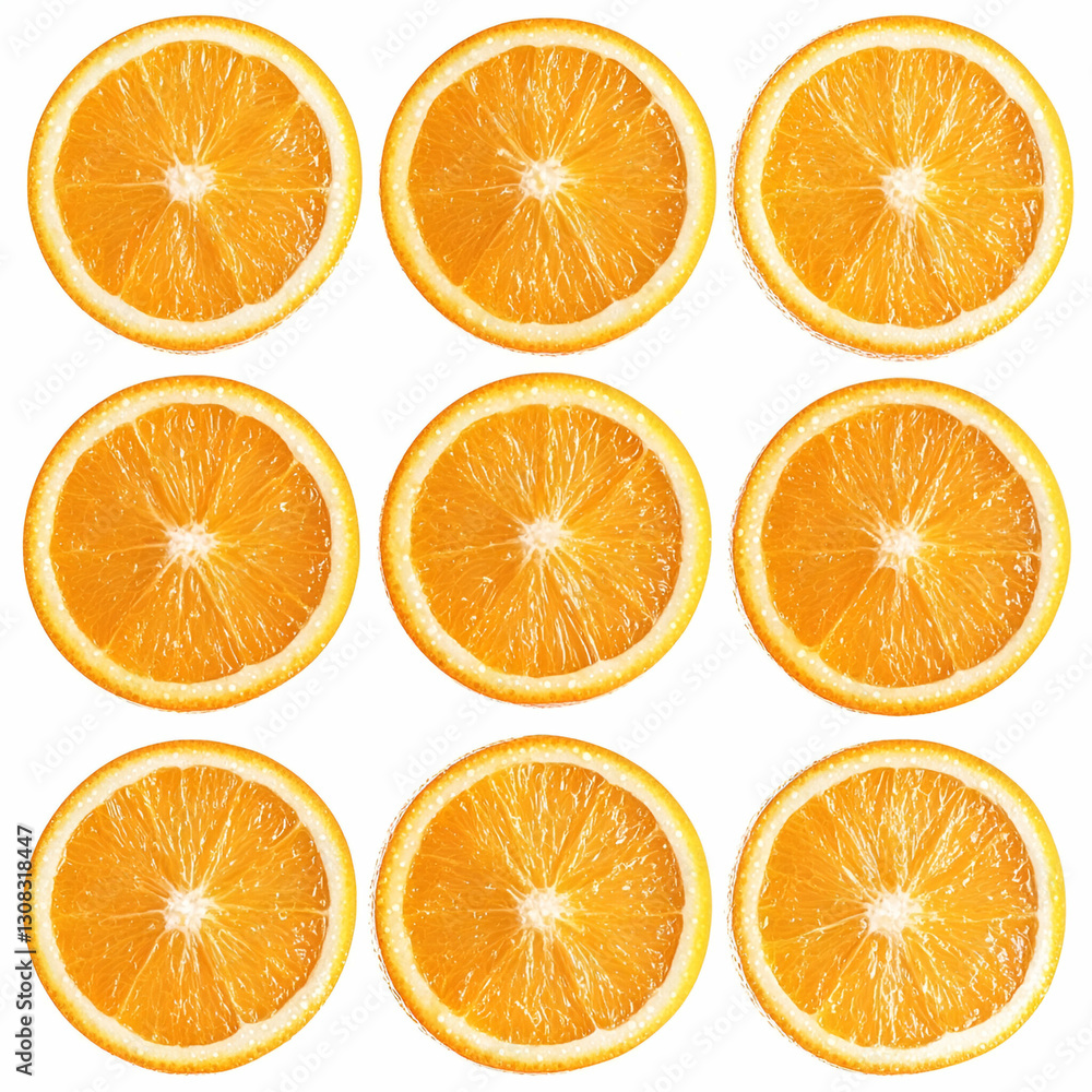 Nine orange slices, close-up, white background, food texture Nine orange slices, close-up, white background, food texture