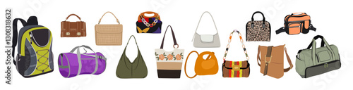 Set of various bags. Fashion handbag, cross body, tote, shopper, hobo, clutch, purse, sport, travel bag, backpack. Fashionable accessories. Trendy Vector illustrations isolated