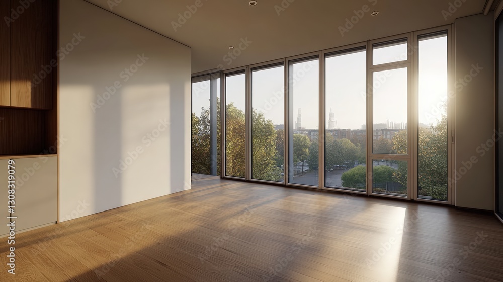 Obraz premium Spacious room with stunning city view showcasing modern design and bright natural light for a vibrant atmosphere