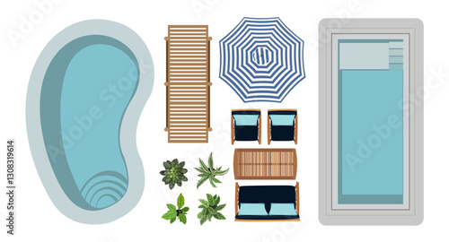 Top view of outdoor furniture icons for landscape design plan. Sofa, armchairs, table, umbrella, swimming pool, plants for garden, terrace, patio, porch zone. Realistic vector illustration isolated.