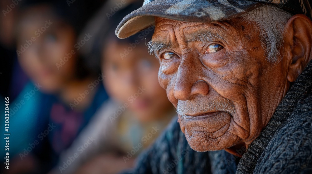 Elderly hispanic man with weathered face and cap sitting outdoors, reflecting Elderly hispanic man with weathered face and cap sitting outdoors, reflecting