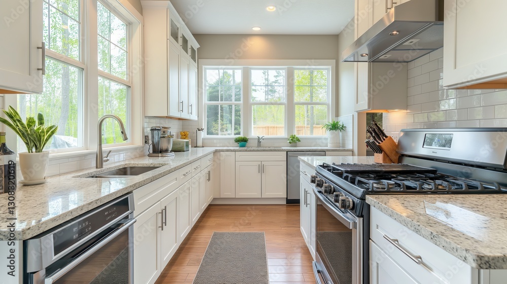 Fototapeta premium Modern kitchen with clean lines and sleek appliances perfect for cooking and entertaining in a stylish home environment. Architecture and interior design background concept.