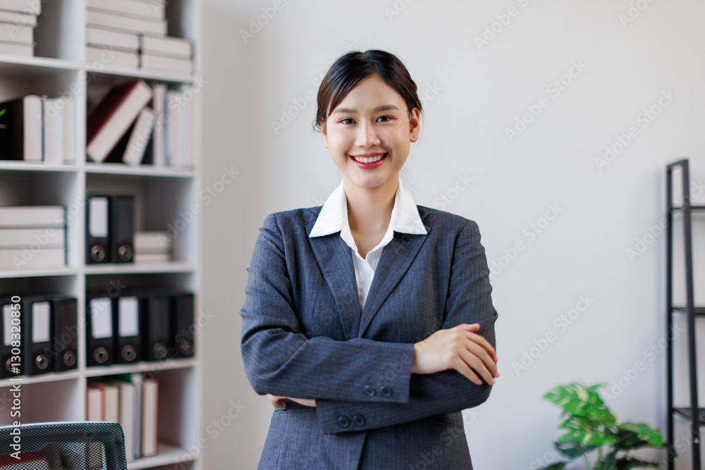 Happy Young Asian business woman smilling with arms crossed isolated on white office background
Happy Young Asian business woman smilling with arms crossed isolated on white office background