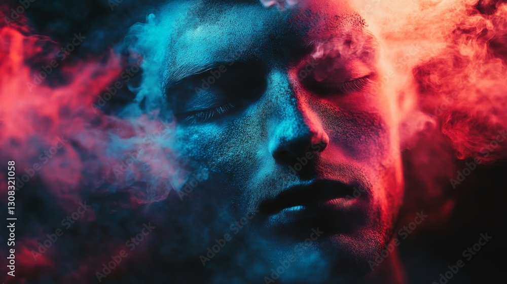 Closeup portrait of a person with neon lights reflecting on their face. Closeup portrait of a person with neon lights reflecting on their face.
