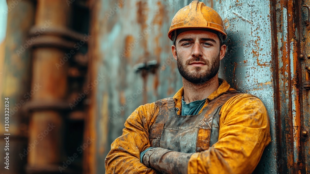 Professional man wearing a hard hat in an industrial setting to ensure safety during operations Professional man wearing a hard hat in an industrial setting to ensure safety during operations