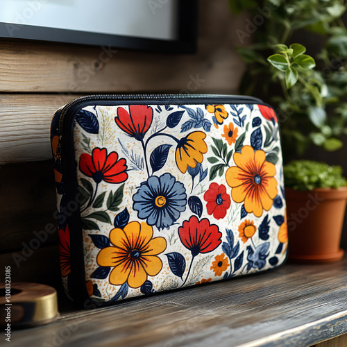 A mockup of a laptop sleeve with a customizable fabric design