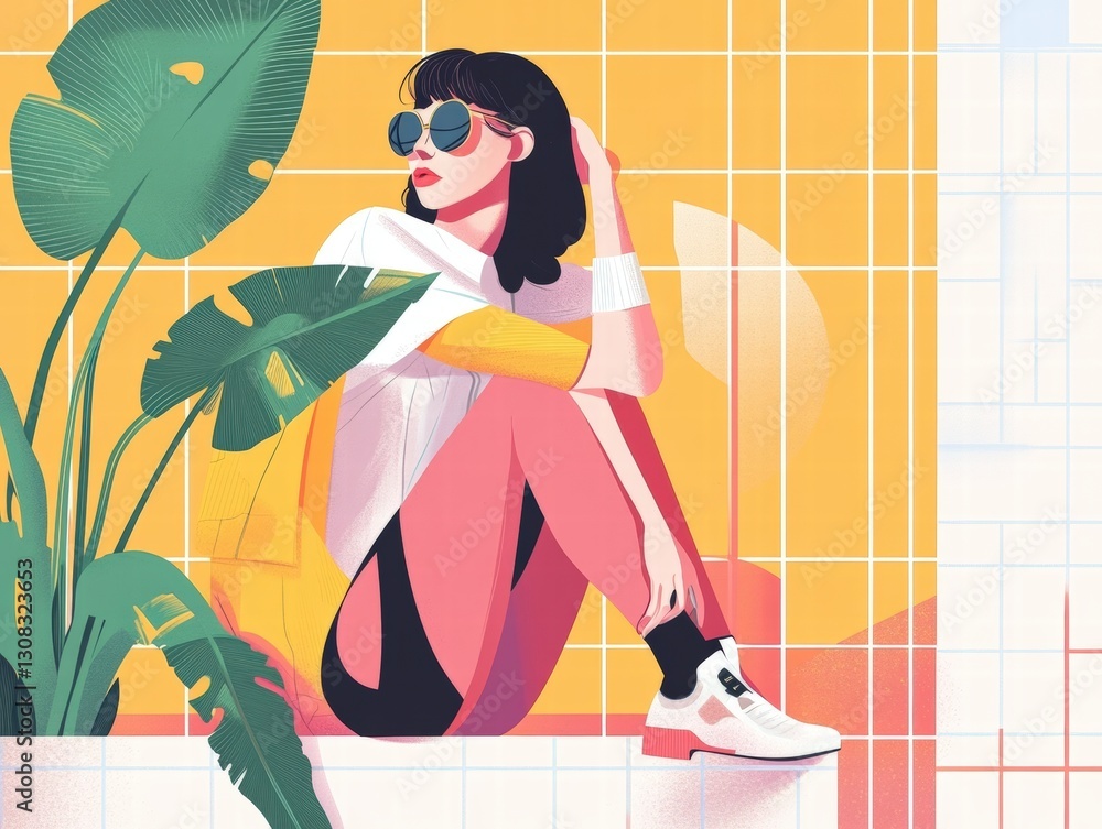 Relaxed woman sitting on a tiled wall surrounded by lush green plant life in a tranquil setting Relaxed woman sitting on a tiled wall surrounded by lush green plant life in a tranquil setting