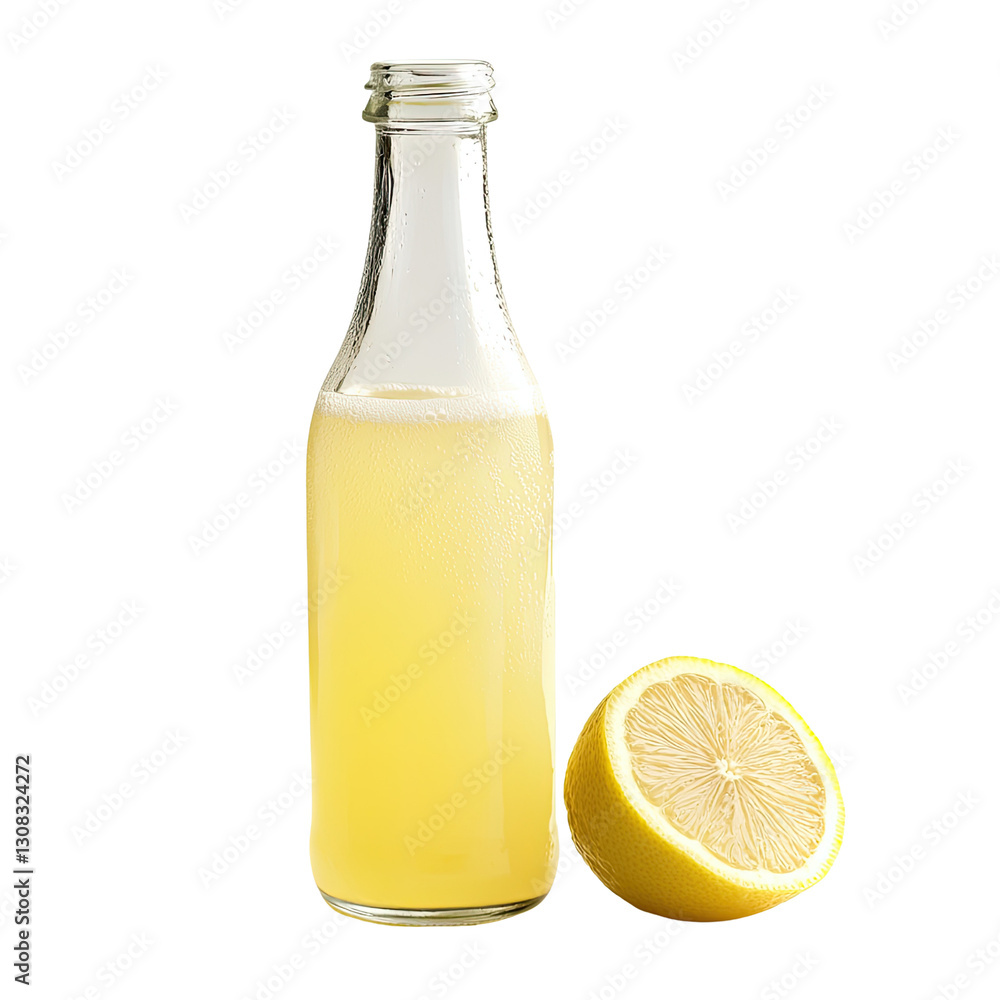 Refreshing Lemonade in Glass Bottle with Fresh Lemon Half on White Background for Summer Drinks Refreshing Lemonade in Glass Bottle with Fresh Lemon Half on White Background for Summer Drinks