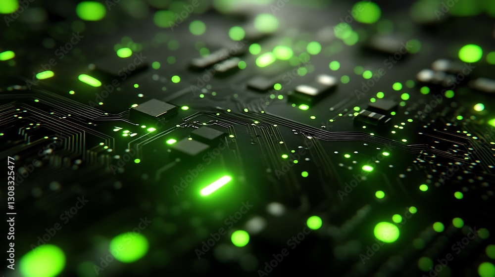 Close-up of illuminated circuit board, glowing green lines and components. Close-up of illuminated circuit board, glowing green lines and components.