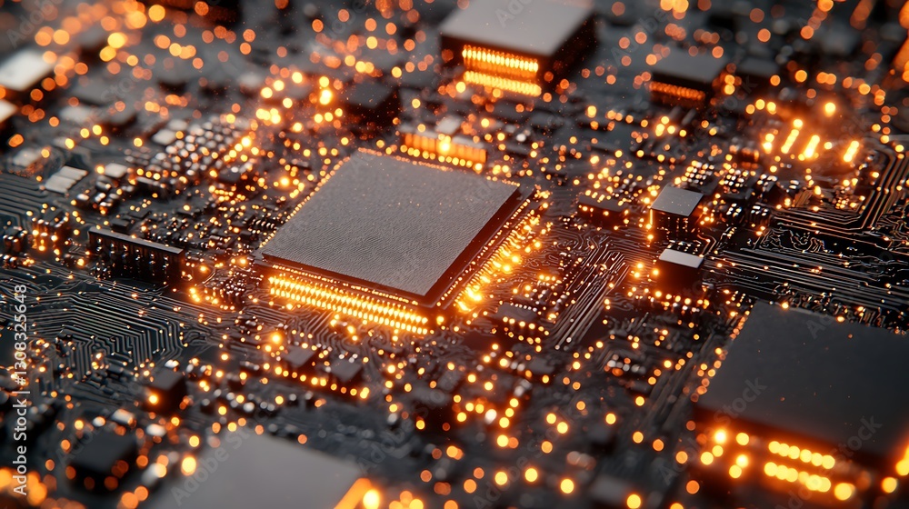 Close-up of illuminated microprocessor on circuit board. Close-up of illuminated microprocessor on circuit board.