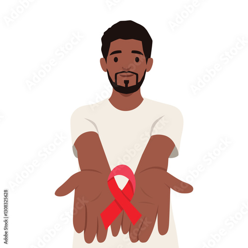 Man with open hands presents a red ribbon, awareness, support for World AIDS Day and related causes. Flat vector illustration isolated on white background