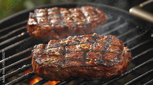 Succulent medium-rare steak sizzles on a black metal-grate grill, its edges perfectly seared for a tantalizing blend of flavors photo