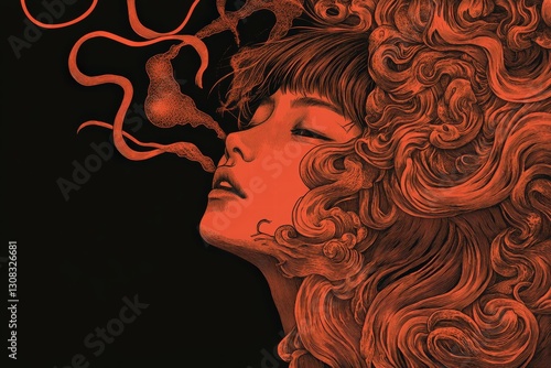 Enigmatic woman with a serpent gracefully coiled on her head evoking mystique and intrigue