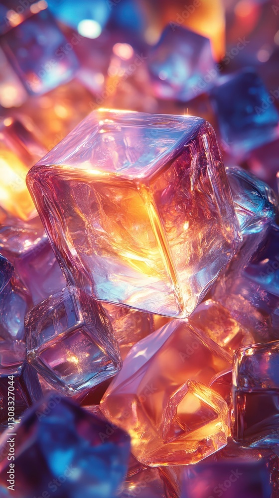 Clear ice cubes piled together with glimmering reflections and a refreshing cool aesthetic Clear ice cubes piled together with glimmering reflections and a refreshing cool aesthetic