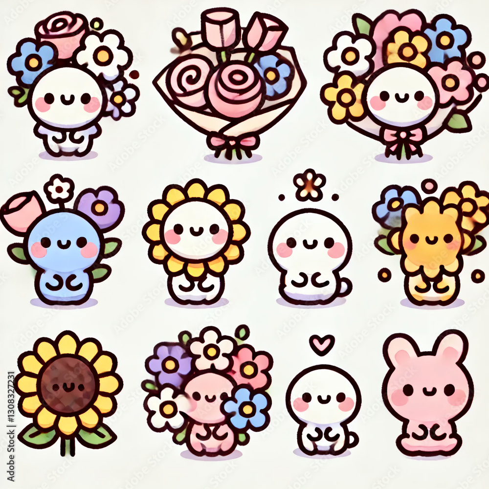 Fototapeta premium set of funny animals and flowers 