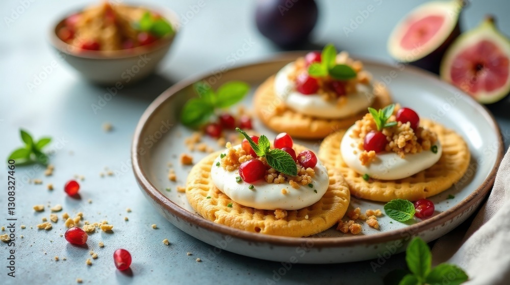 Delicious Mini Waffles Topped with Whipped Cream, Crumble, and Pomegranate Seeds on a Plate Delicious Mini Waffles Topped with Whipped Cream, Crumble, and Pomegranate Seeds on a Plate
