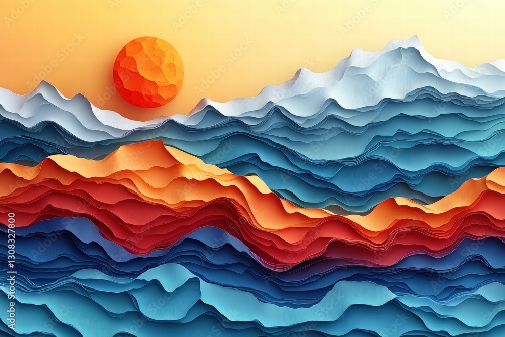 Fototapeta premium Majestic mountain landscape with a bright sun setting behind peaks and casting warm light