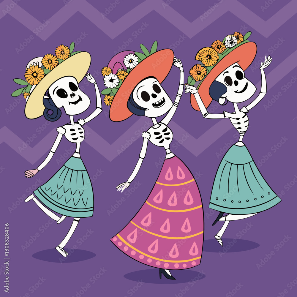 Dancing Skeletons Celebrating the Day of the Dead in Festive Attire Dancing Skeletons Celebrating the Day of the Dead in Festive Attire