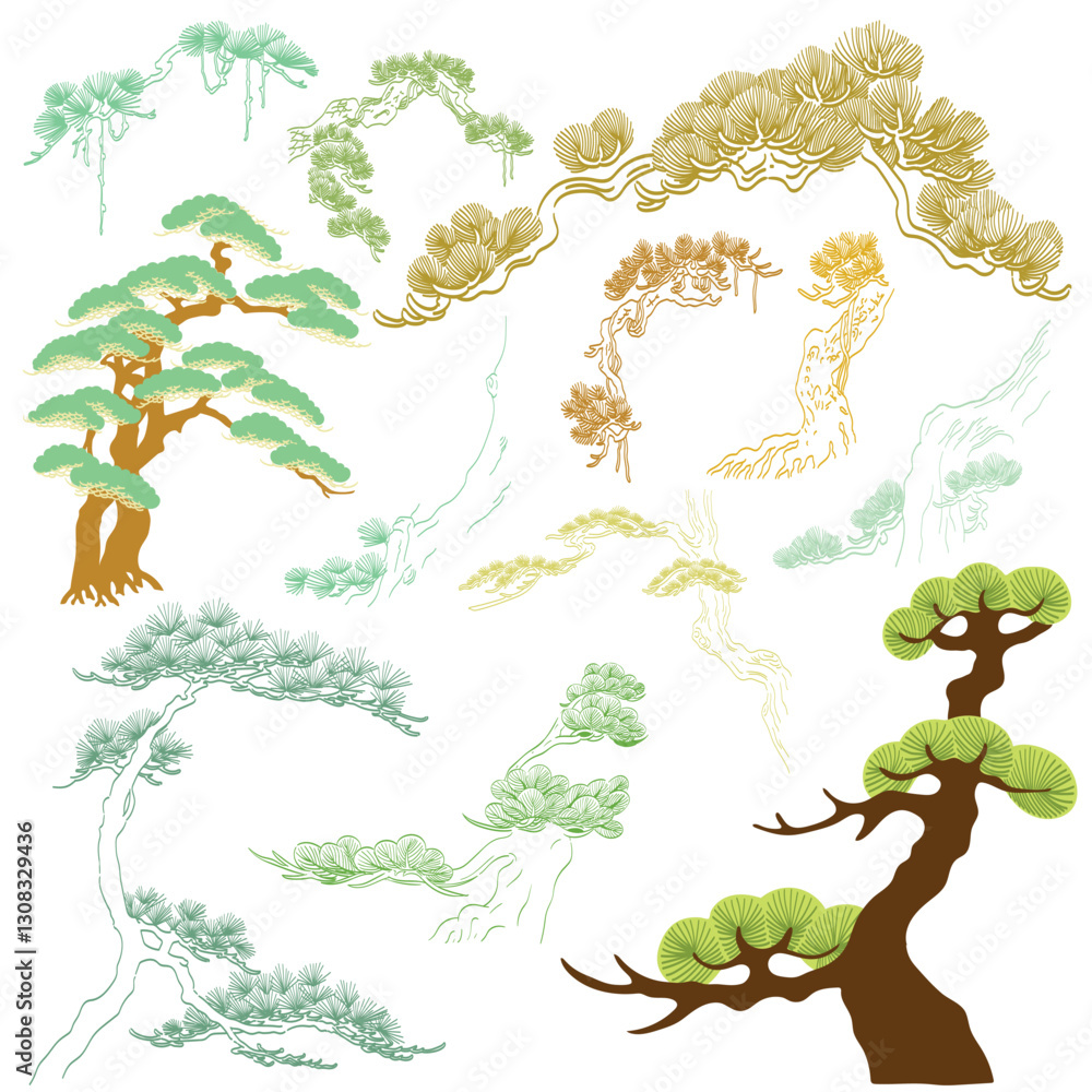 Naklejka premium Japanese Bonsai tree pattern in vintage style. Abstract art landscape banner design vector. 
