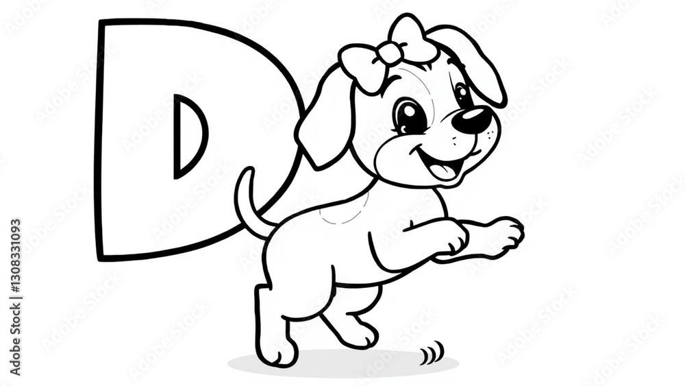 A fun and playful black-and-white line drawing of the D – Dancing Dog – A playful puppy dancing with a little bow on its head. A fun and playful black-and-white line drawing of the D – Dancing Dog – A playful puppy dancing with a little bow on its head.