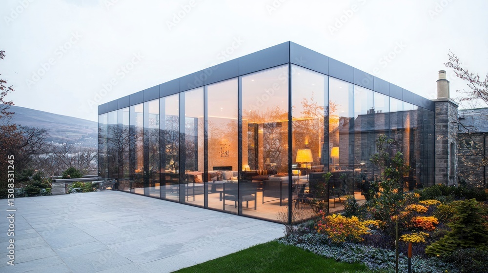 Fototapeta premium Modern Glass Extension Home Addition Panoramic View Luxury Architecture Design