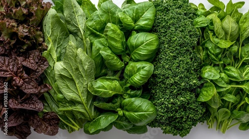 Explore vibrant diversity with this close-up showcasing an array of fresh, leafy greens From the deep, rich hues of red lettuce to the bright, verdant shades of basil, spinach, and parsley, this