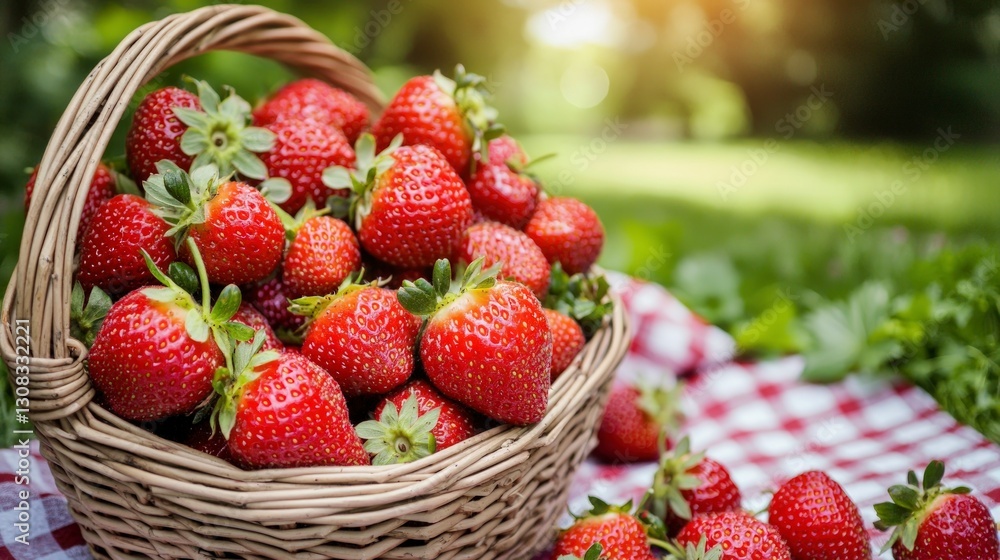 Fresh Strawberries in Basket Picnic Summer Outdoors Nature Fresh Strawberries in Basket Picnic Summer Outdoors Nature