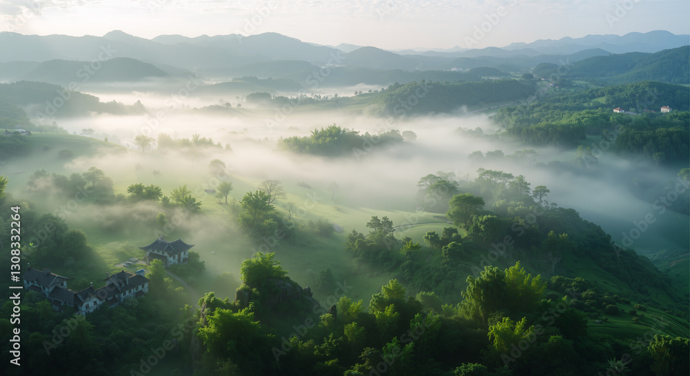 the early morning mist fills the early morning mist fills