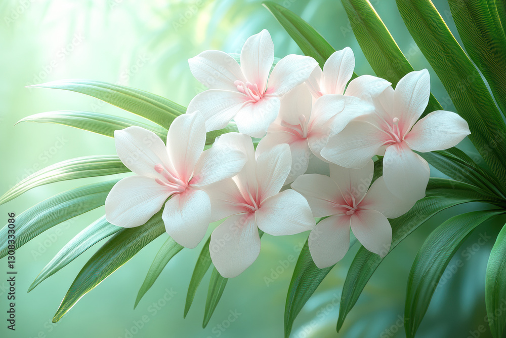 Fototapeta premium A serene cluster of delicate white flowers with pink accents, nestled among lush green leaves, creating a tranquil, nature-inspired scene.