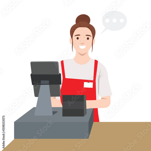 Female cashier wearing a red apron stands behind a checkout counter, assist customers with a smile. Flat vector illustration isolated on white background