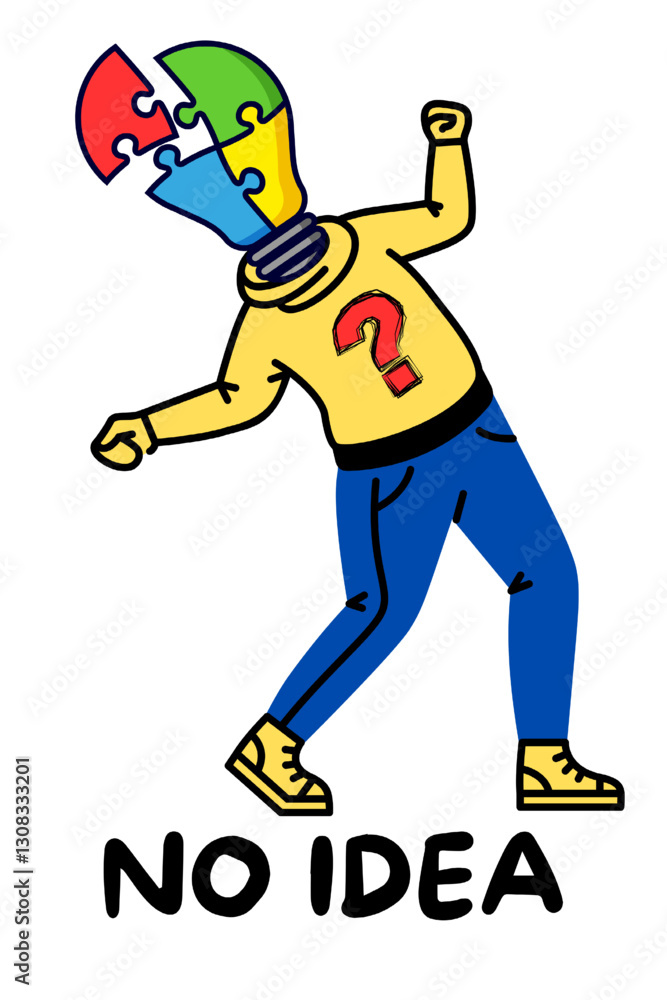 A colorful puzzle-lamp-headed figure with a question mark on its shirt, symbolizing confusion or lack of ideas, perfect for creative or problem-solving concepts.Transparent background for easy editing A colorful puzzle-lamp-headed figure with a question mark on its shirt, symbolizing confusion or lack of ideas, perfect for creative or problem-solving concepts.Transparent background for easy editing