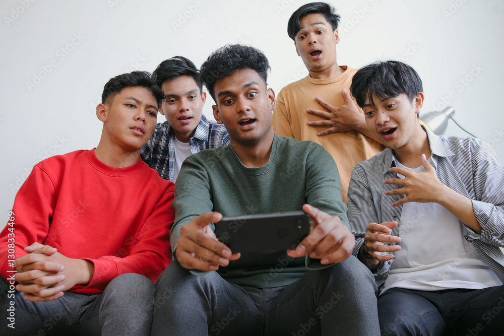 Obraz premium Group Of Multiracial People Watching Thriller Horror Movie Having Shocked Reaction