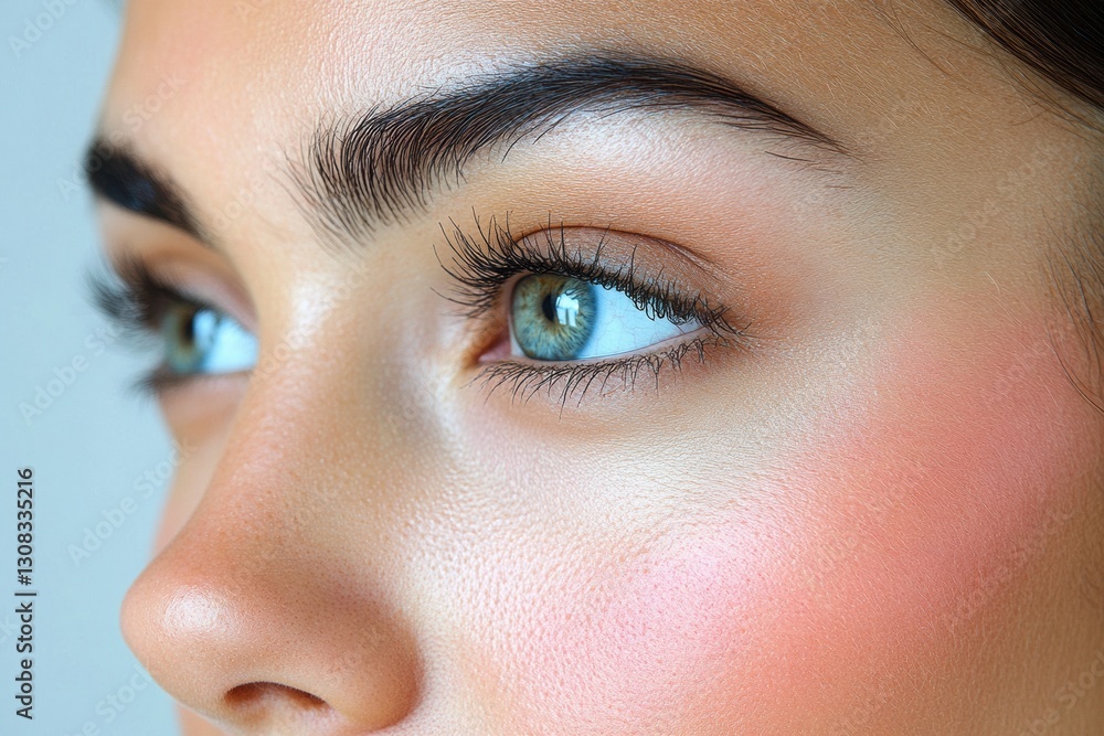 Fototapeta premium A close-up of a woman's face highlighting her striking green eyes, well-defined brows, and a natural, soft makeup look.