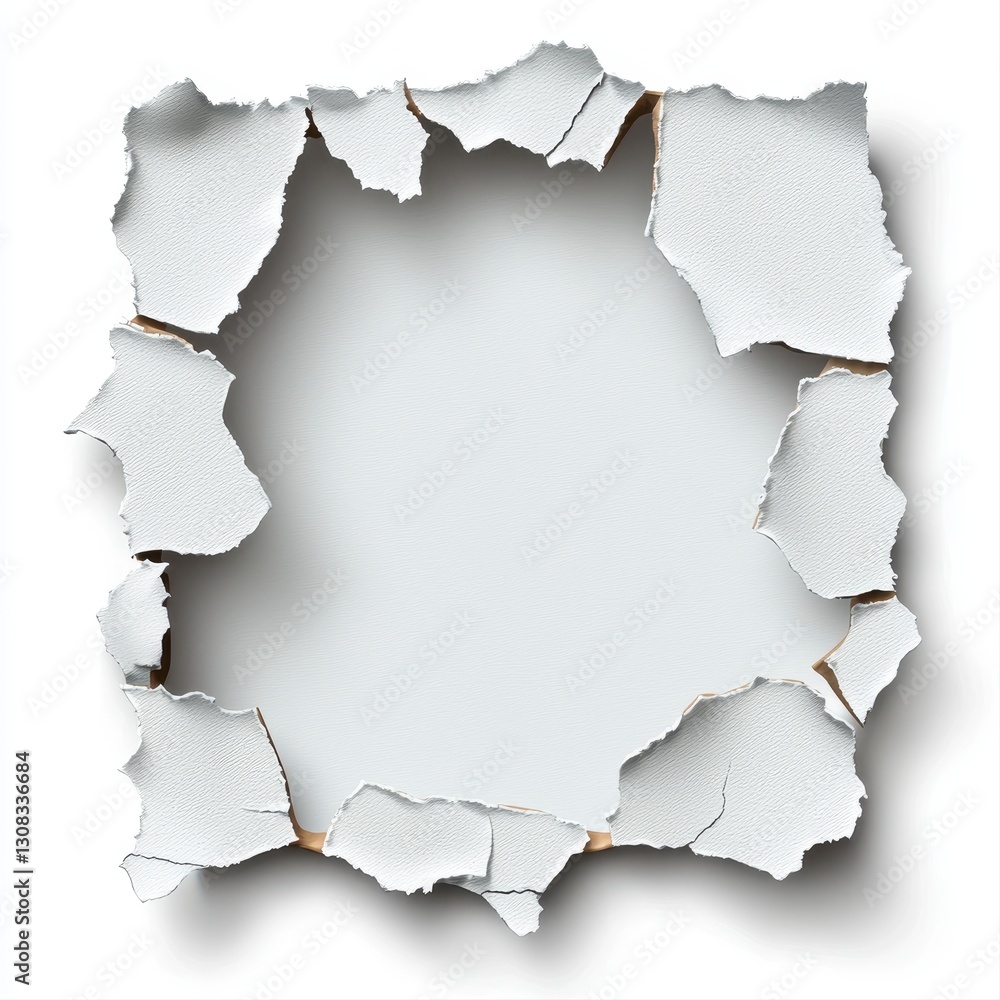 Close-up image of a hole in the paper with emphasis on torn edges and surrounding texture for visual impact Close-up image of a hole in the paper with emphasis on torn edges and surrounding texture for visual impact