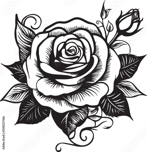 Hand-drawn vectoral rose with bud, blooming, full bloom and grafik elements