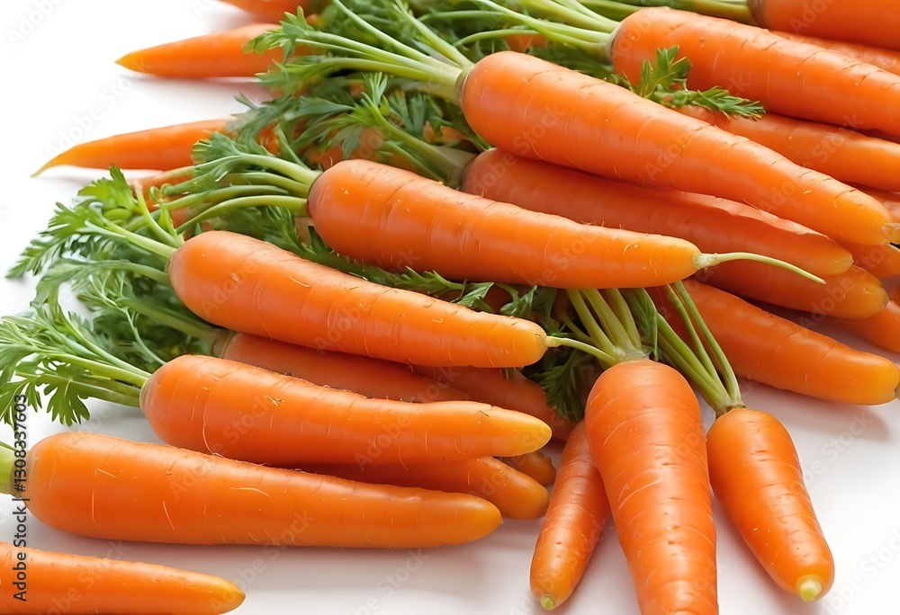Carrot,A bunch of vibrant orange baby carrots with green tops, freshly harvested, on a white background.carrot, food, organic, colourful, colours, harvest, horizontal, indoors, 423 Carrot,A bunch of vibrant orange baby carrots with green tops, freshly harvested, on a white background.carrot, food, organic, colourful, colours, harvest, horizontal, indoors, 423
