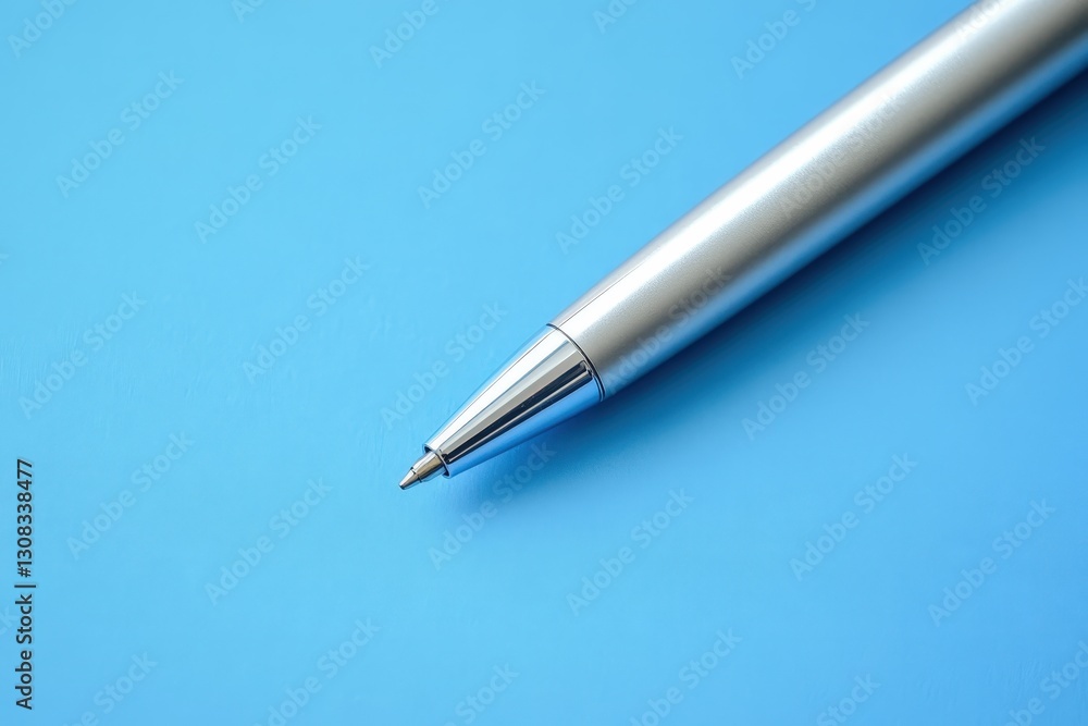 A Silver Ballpoint Pen Placed Diagonally On Blue Surface A Silver Ballpoint Pen Placed Diagonally On Blue Surface