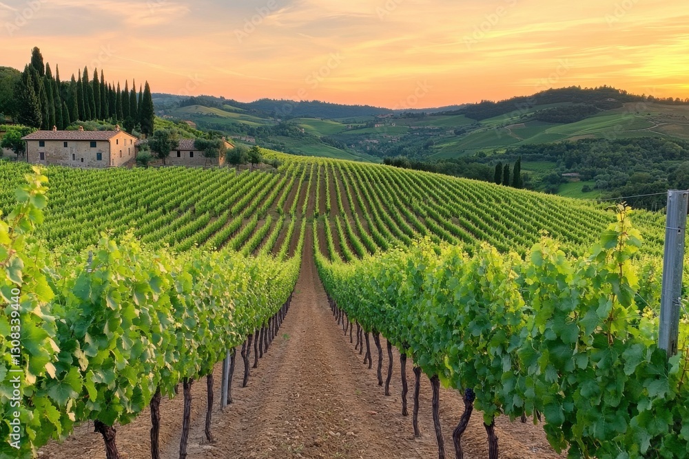 Naklejka premium A picturesque vineyard at sunset, showcasing rows of grapevines stretching across rolling hills with a charming farmhouse in the background.