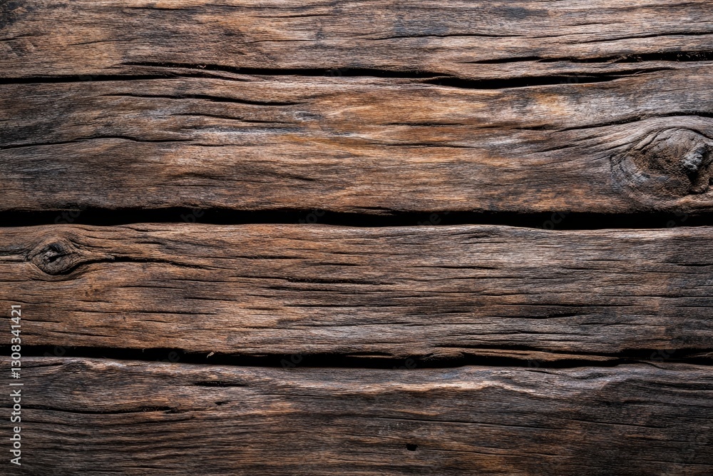 Rustic Weathered Wooden Planks - Close-up shot of three horizontal dark brown weathered wooden planks showing texture and grain Rustic Weathered Wooden Planks - Close-up shot of three horizontal dark brown weathered wooden planks showing texture and grain
