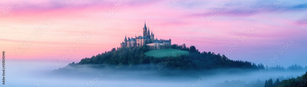 Obraz premium A majestic castle sits atop a hill, surrounded by mist and illuminated by a soft, colorful sunrise.