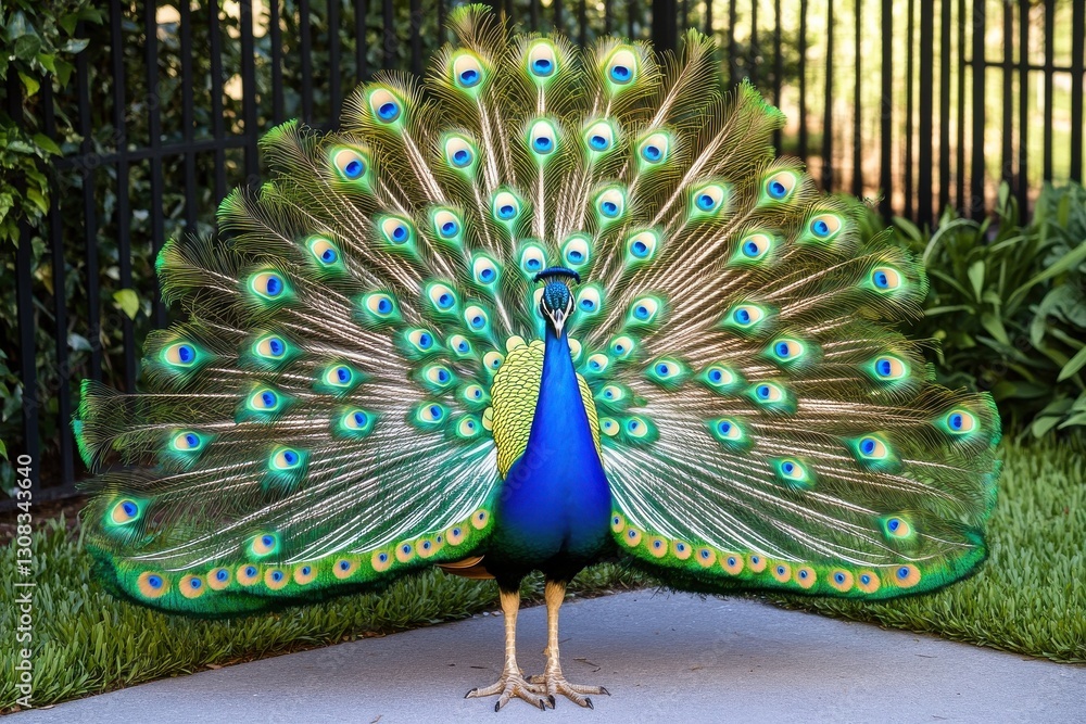Obraz premium A vibrant peacock displaying its stunning, colorful feathers in a lush garden setting.