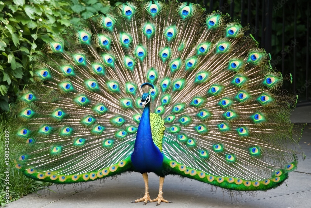 Obraz premium A vibrant peacock displays its colorful plumage, showcasing striking blue and green feathers in a stunning fan shape.