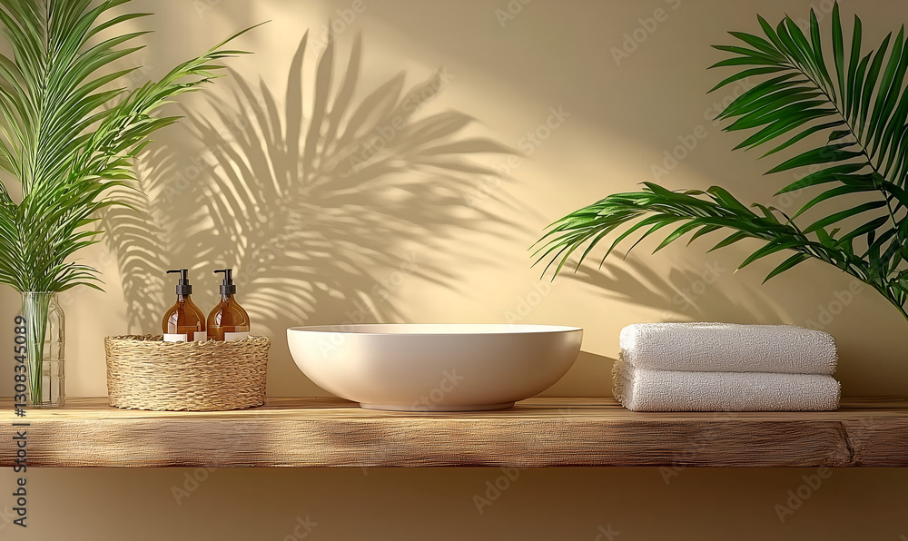 A serene bathroom scene featuring a wooden shelf with a bowl, towels, and decorative plants, casting soft shadows on a warm beige wall. A serene bathroom scene featuring a wooden shelf with a bowl, towels, and decorative plants, casting soft shadows on a warm beige wall.