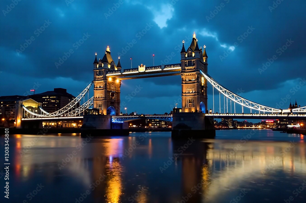 Obraz premium A breathtaking long exposure photo of London Bridge at dawn, a cold December morning. Deep blue hues of the sky, vibrant morning light reflecting on the Thames, and a crisp, detailed cityscape. Focu