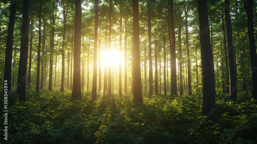 Fototapeta premium Serene forest scene with sunlight filtering through the trees creating a tranquil atmosphere of natural beauty and sustainability