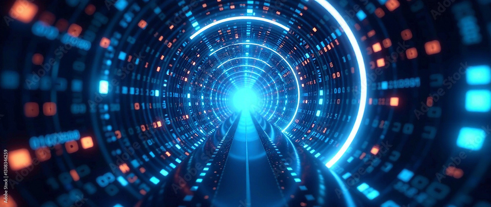 Obraz premium Abstract digital tunnel with glowing binary codes and blue light effects, perfect for tech themes. Focus on depth, mood, vibrant lighting and atmosphere. Style should be sleek and futuristic. High 