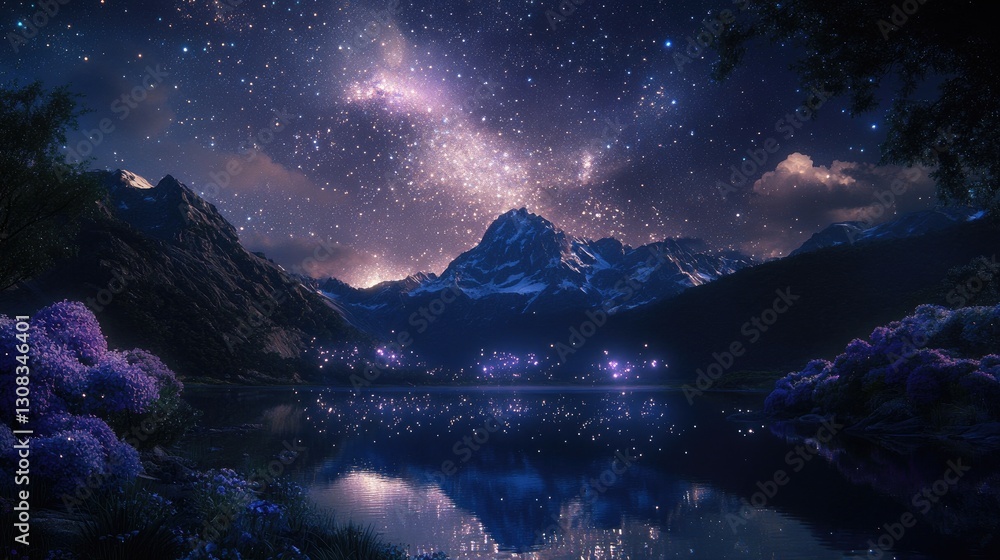 A dazzling night scene of the Milky Way glowing over a quiet mountain lake, with countless stars reflected softly in the still water A dazzling night scene of the Milky Way glowing over a quiet mountain lake, with countless stars reflected softly in the still water