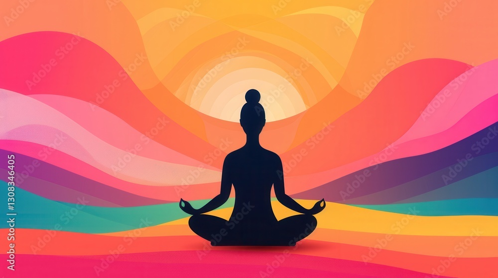 silhouette of person meditating is set against vibrant, colorful abstract background with flowing waves and radiant sun. scene evokes sense of peace and tranquility silhouette of person meditating is set against vibrant, colorful abstract background with flowing waves and radiant sun. scene evokes sense of peace and tranquility