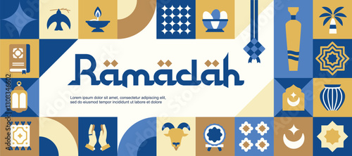 ramadan kareem geometric pattern with various brightly colored islamic icons and symbols